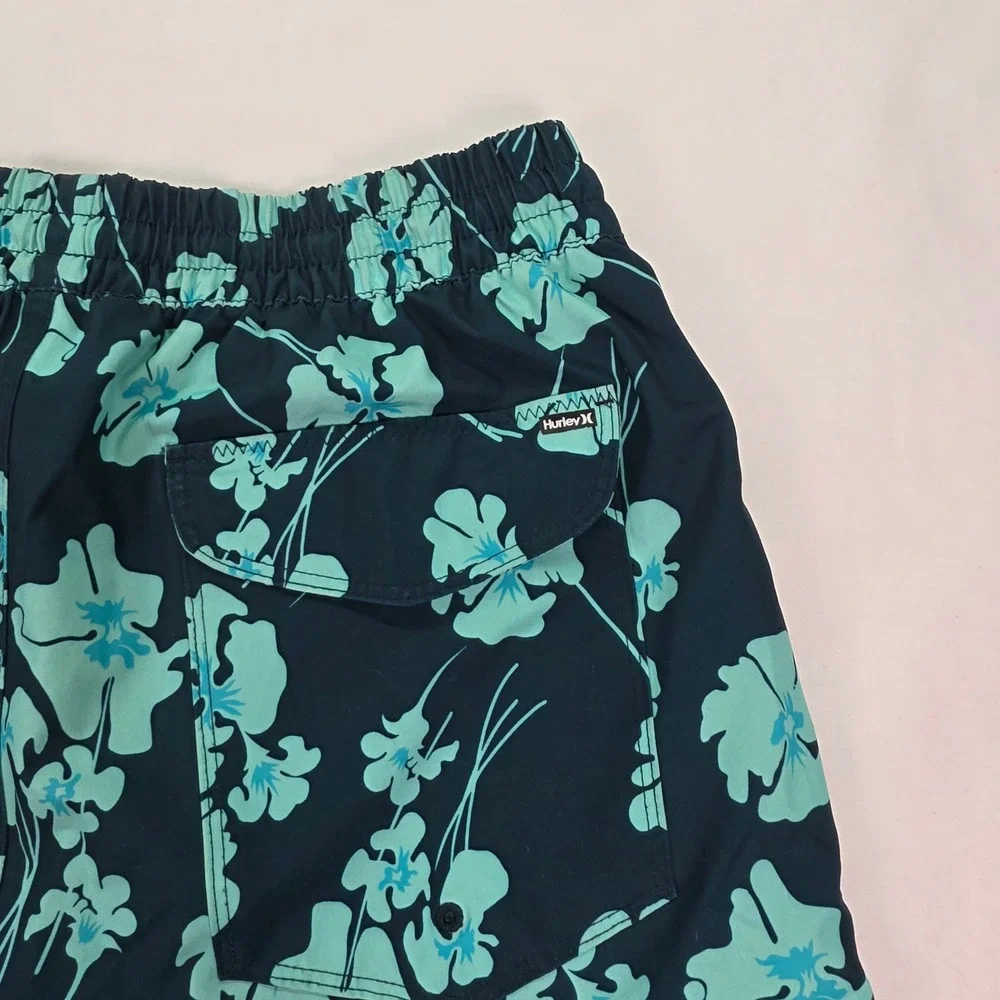 Hurley Mens Board Shorts Teal Floral Hibiscus Swim Trunks Navy Blue‎ Small 7in